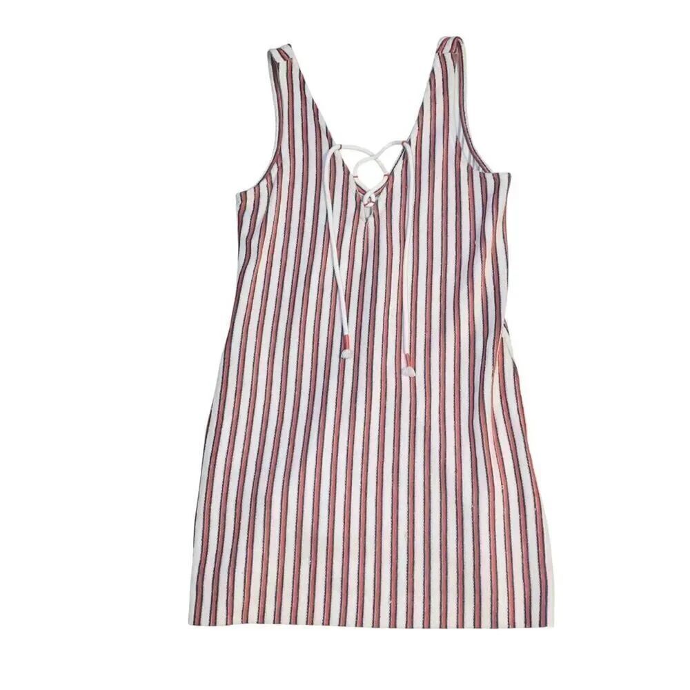 Rebecca Minkoff Monica Striped Lace-Up Tank Dress Size S Red White Blue Sleevele